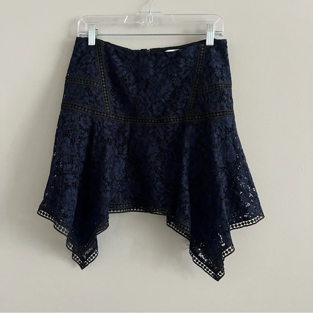 Veronica Beard Navy Aura Paneled Floral Lace Handkerchief Skirt Women's 6